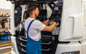 Mechanic in workwear repairing a truck in a workshop