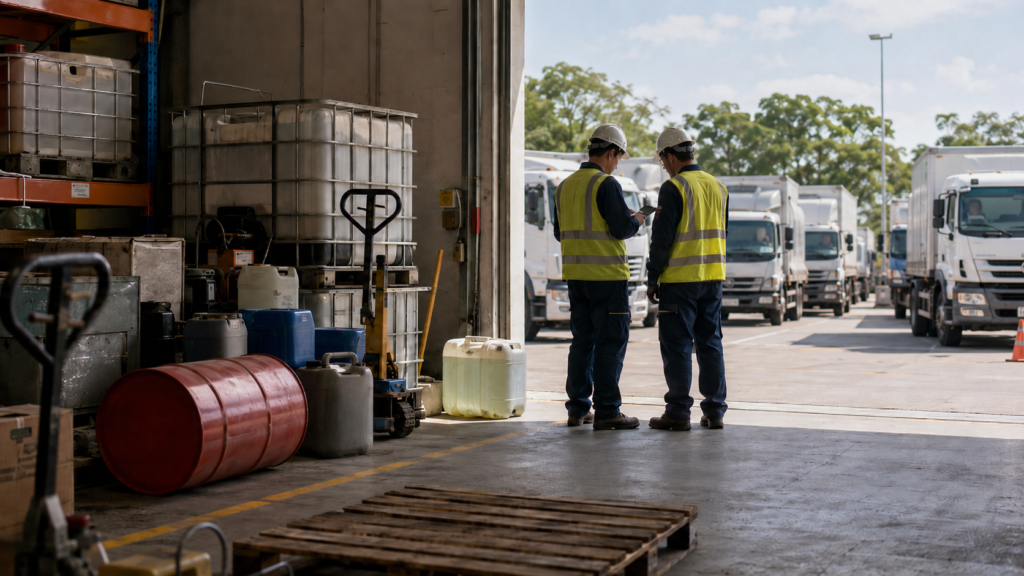 Warehouse loading area showing potential operational disruption risks including supply planning gaps, product handling practices, stock readiness concerns, and coordination challenges.