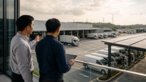 Professionals overlooking modern fleet operations with EV charging infrastructure and cleaner transport planning