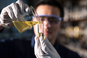 Oil analysis testing used to assess lubricant condition, contamination levels, and equipment wear indicators.