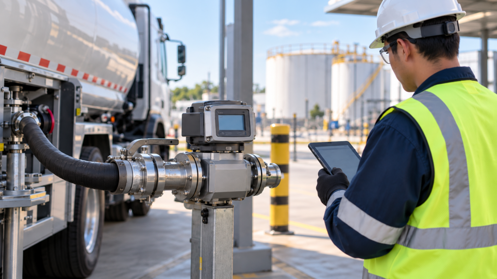 Technician reviewing a calibrated fuel flow meter during diesel delivery operations.