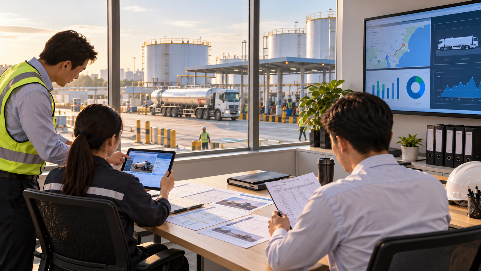 Operations team reviewing fuel delivery records and usage data in an industrial control office.