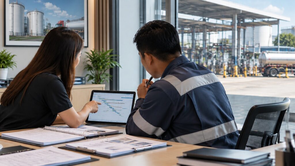 Industrial supply partner and operations staff reviewing supply planning beside an active fuel facility.