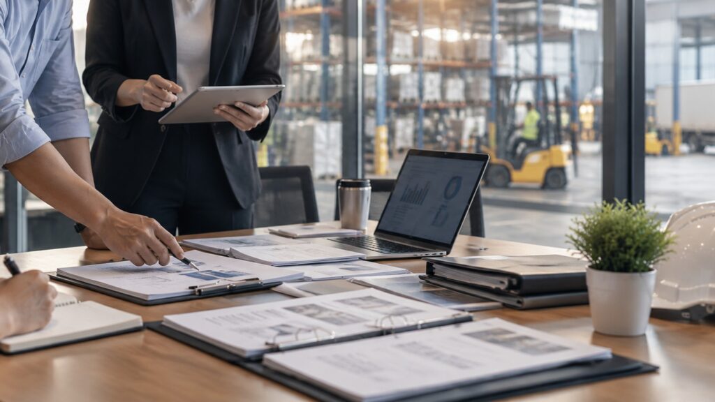 Business team reviewing supplier documents and operational standards in a warehouse-adjacent office.
